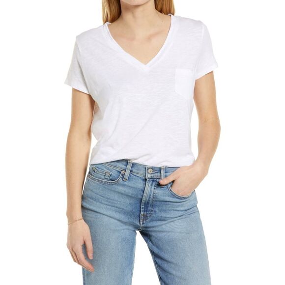 Caslon NWT V Neck Short Sleeve Pocket T Shirt Custom Cut White Size XXSmall New - Picture 1 of 9